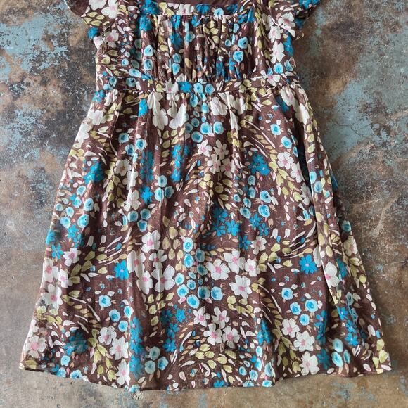 Vintage Y2K Floral Print Milkmaid Dress Size 14 P Brown Flutter Sleeve Chiffon - Picture 5 of 8